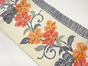 手織り真綿紬花唐草に変わり縞模様織出し名古屋帯